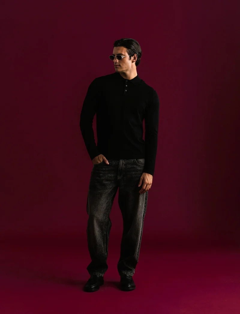MAGLIA IN MISTO VISCOSA MODELLO POLO - Nero