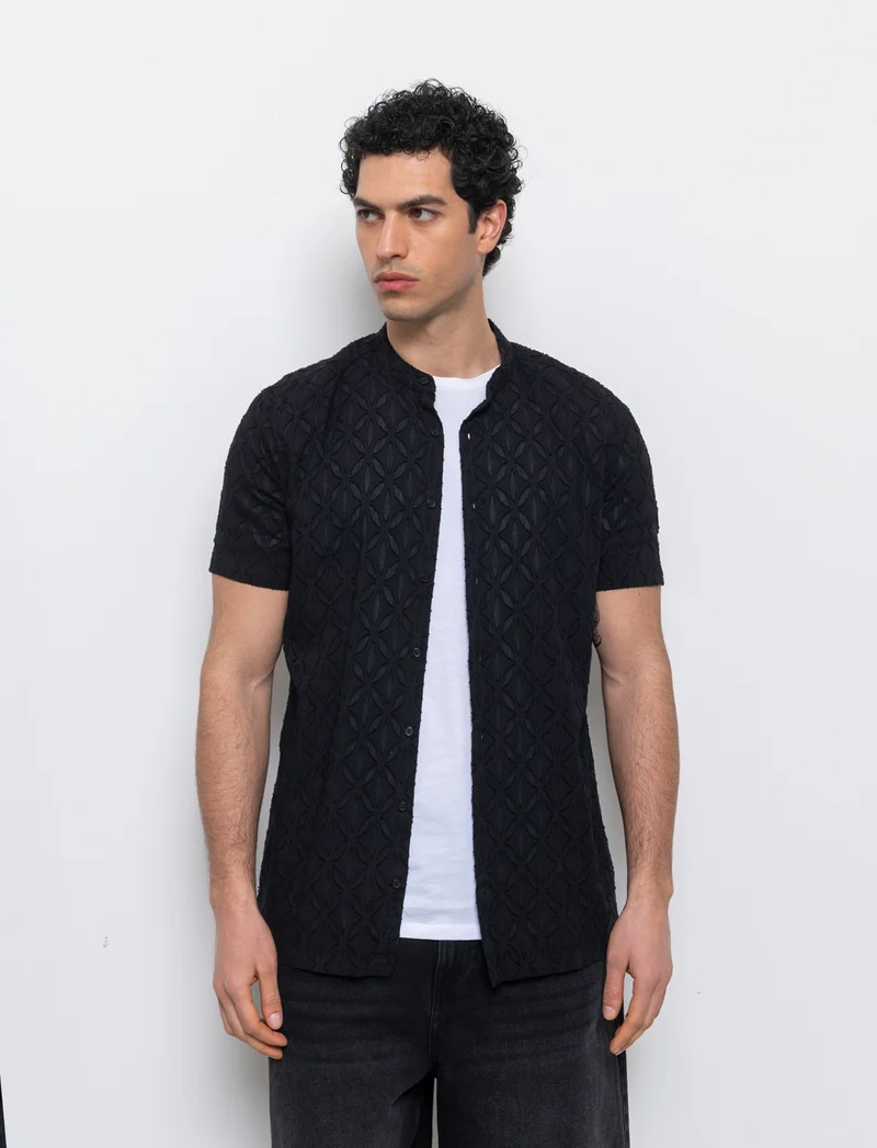 Camicia coreana fantasia jacquard da uomo - Nero