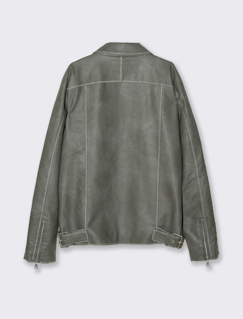 GIUBBOTTO BIKER CON COLLETTO EFFETTO PELLE - Verde salvia
