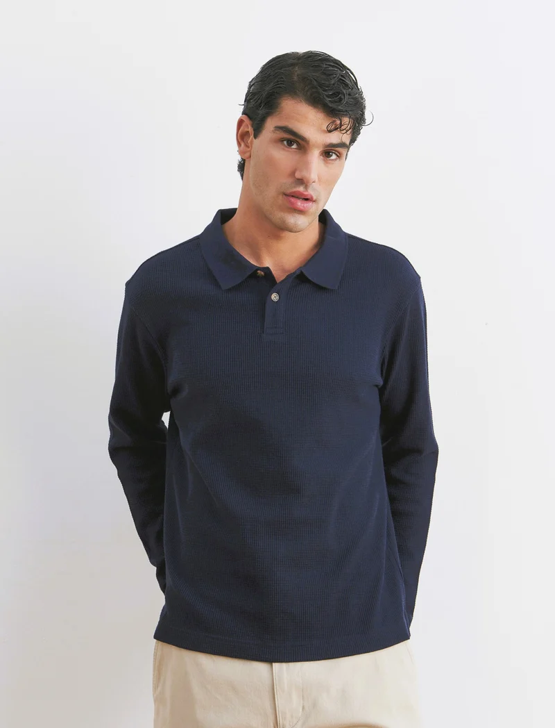 POLO WAFFLE JACQUARD MANICHE LUNGHE - Blu