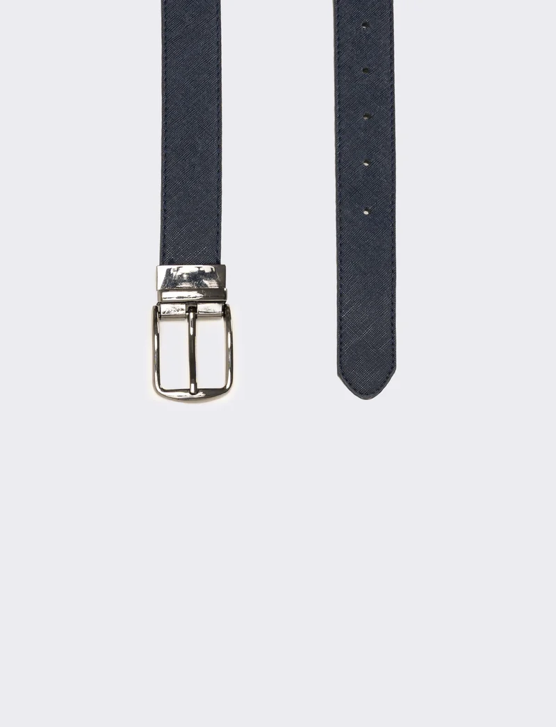 Cintura uomo double face saffiano e liscia - blu-grigio