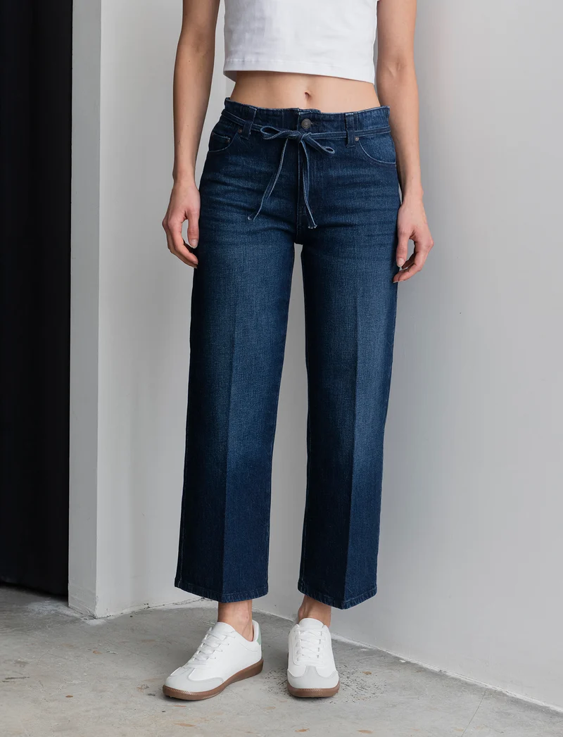 JEANS STRAIGHT CROP CON CINTURA IN TESSUTO - Denim