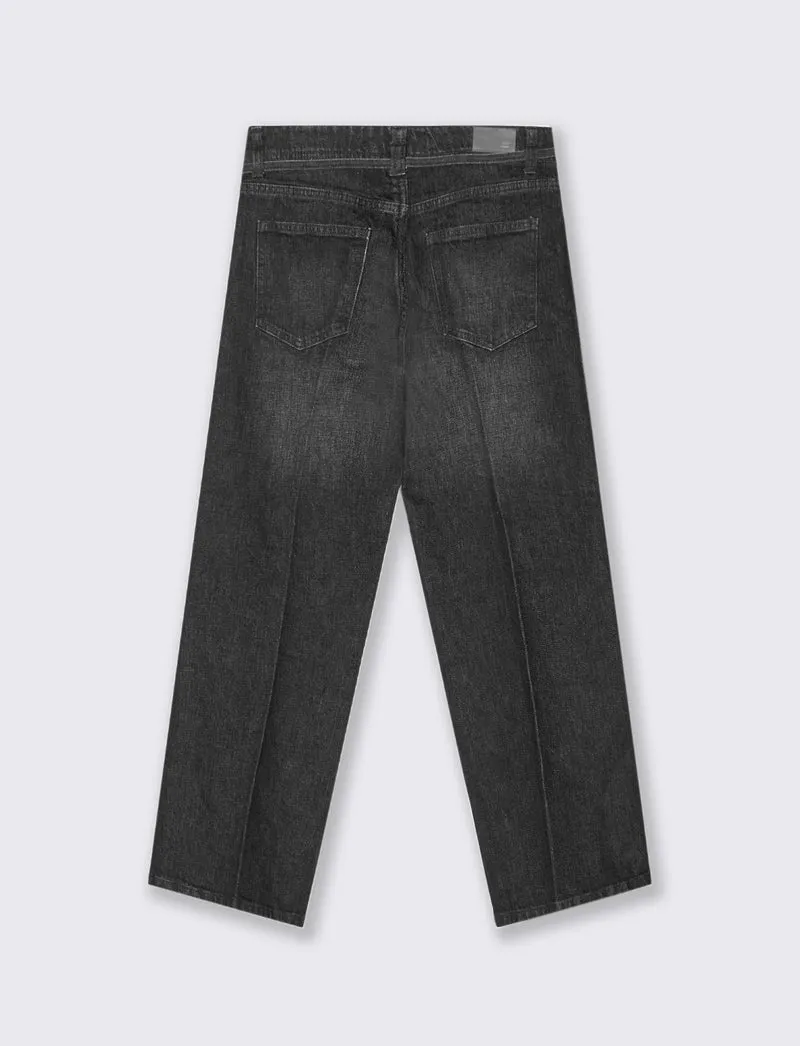 JEANS STRAIGHT CROP CON CINTURA IN TESSUTO - Grigio