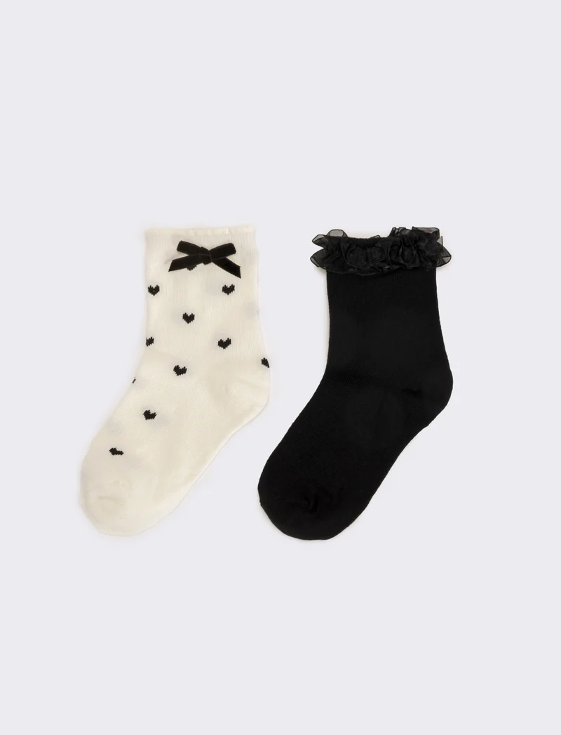 Calzini bambina 2 paia con fiocco e rouche - Nero