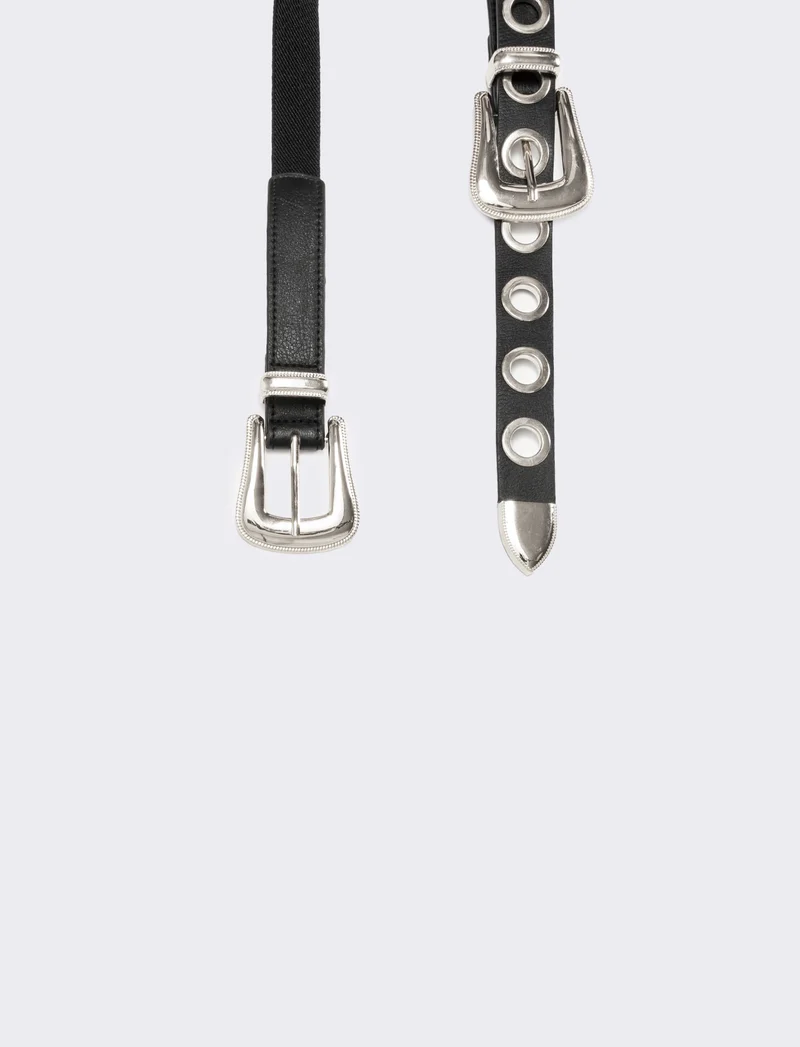 Cintura donna elastica doppia fibbia e occhielli metallo - Nero-argento
