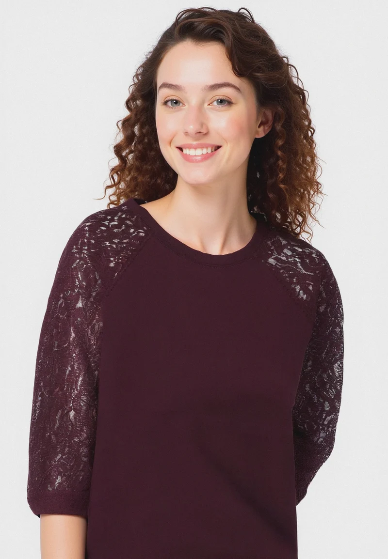 T-SHIRT CON MANICHE IN PIZZO - Bordeaux