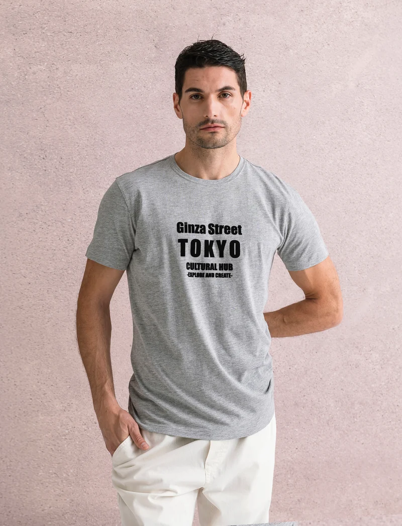 T-SHIRT IN COTONE CON STAMPA FLOCK - Grigio mel.