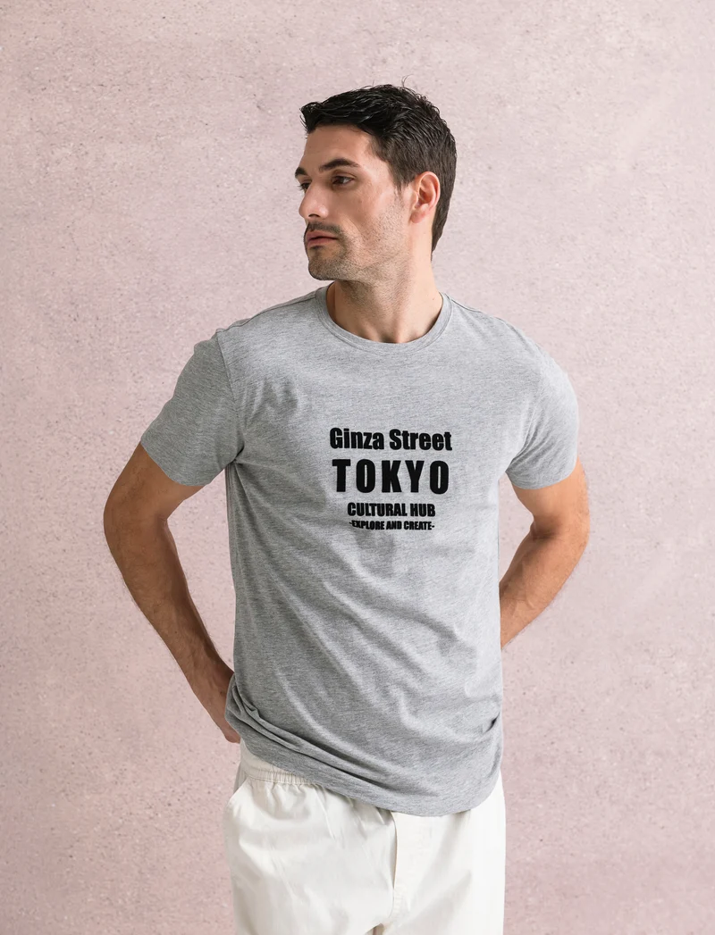 T-SHIRT IN COTONE CON STAMPA FLOCK - Grigio mel.