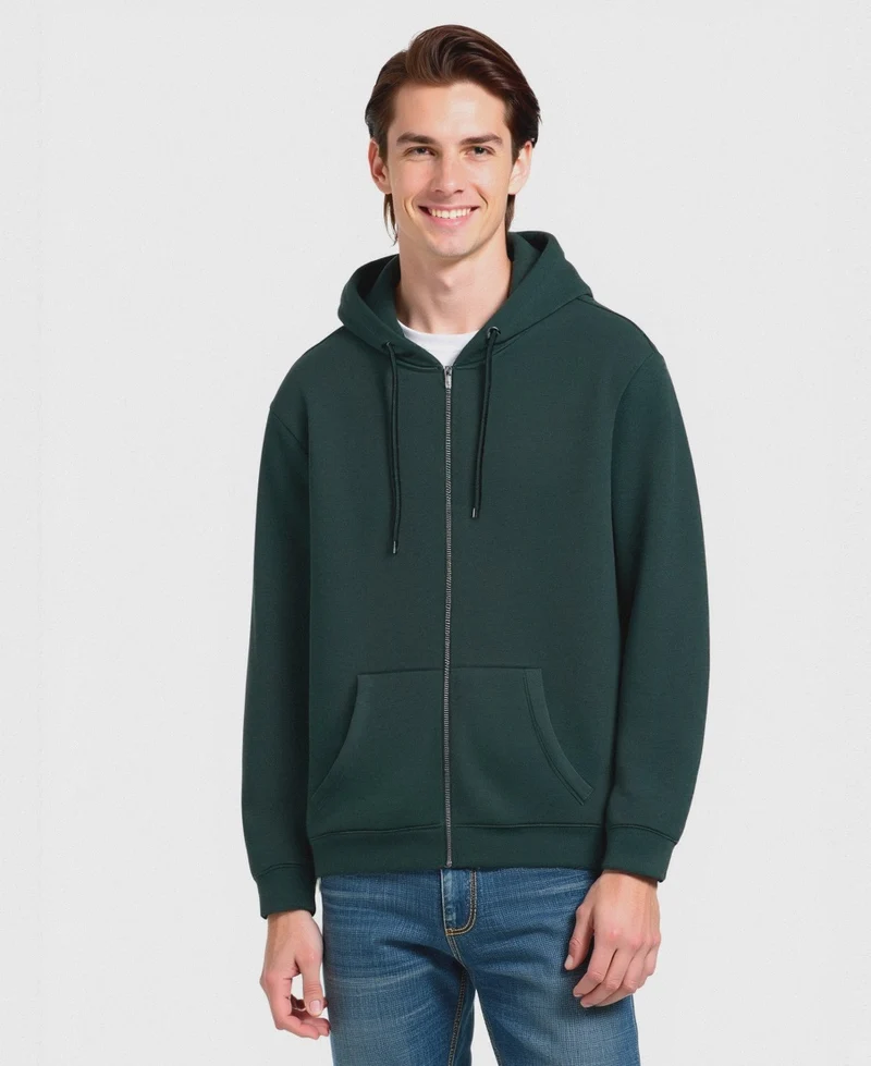 FELPA BASIC CON CAPPUCCIO E CERNIERA - Verde scuro