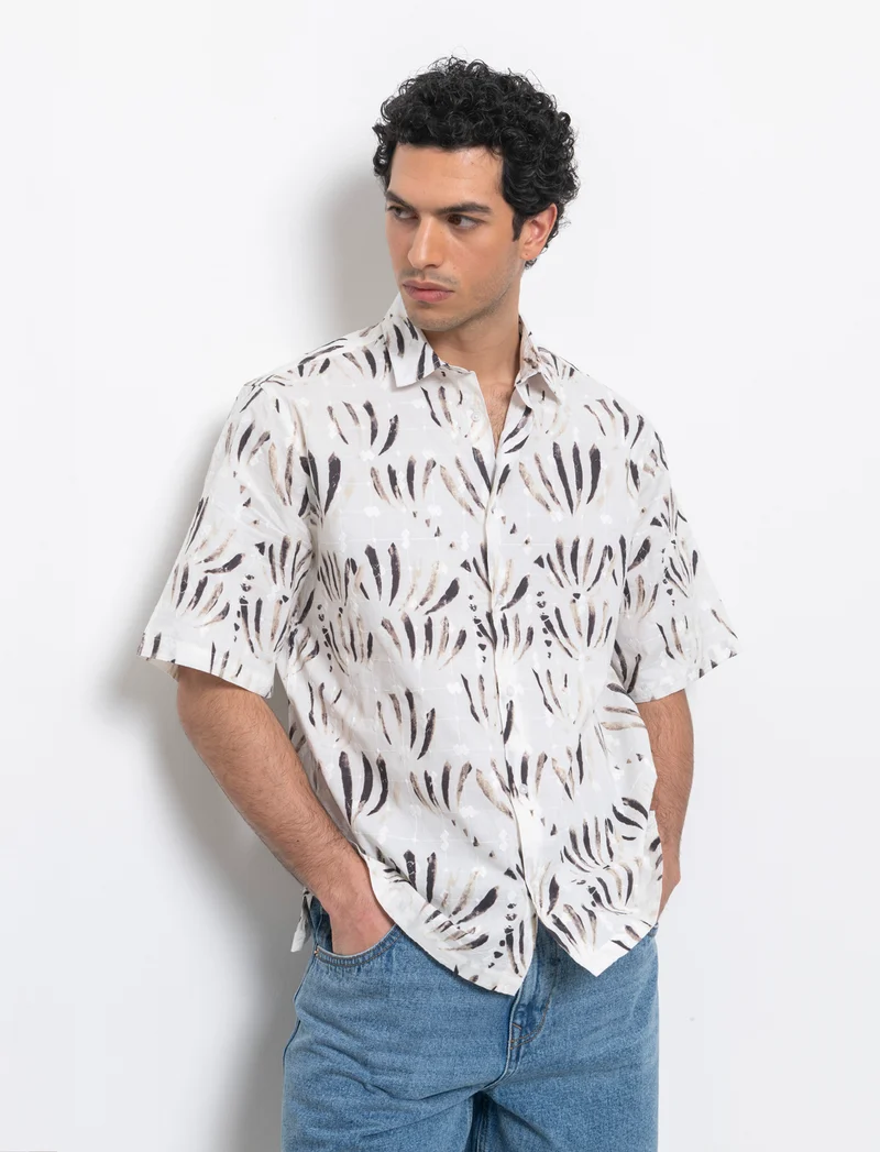 Camicia fantasia stampata e ricamata da uomo - Beige ecru
