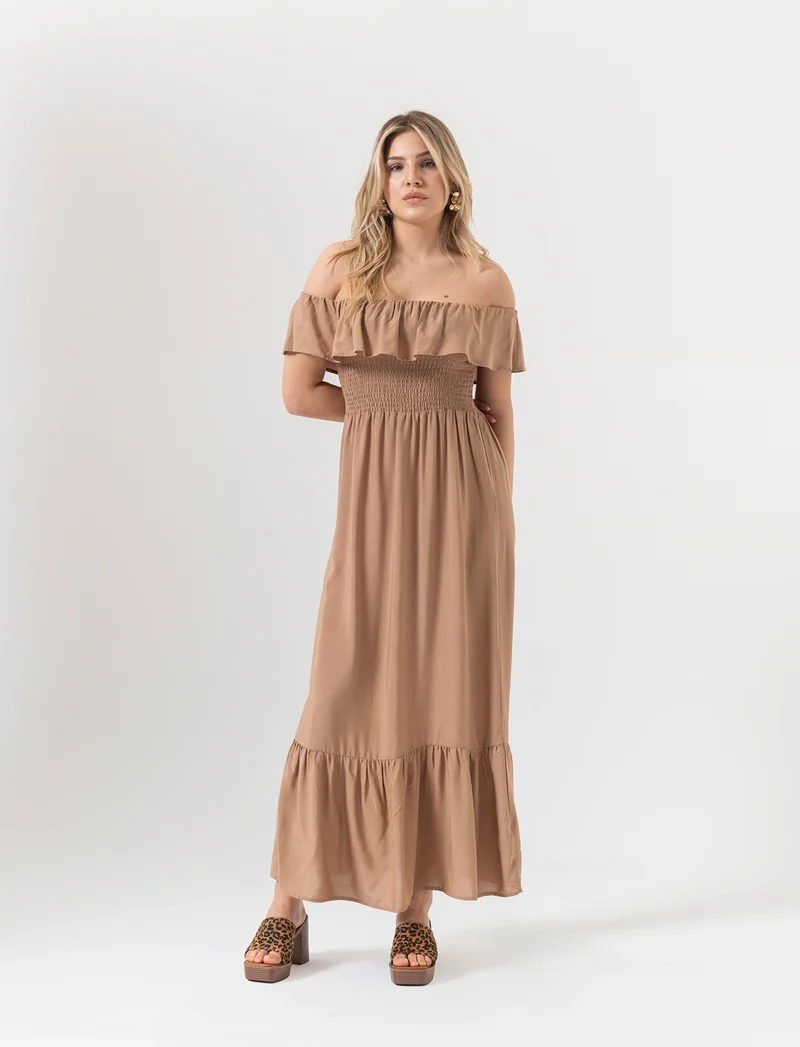 Vestito lungo off shoulder da donna - Caramello