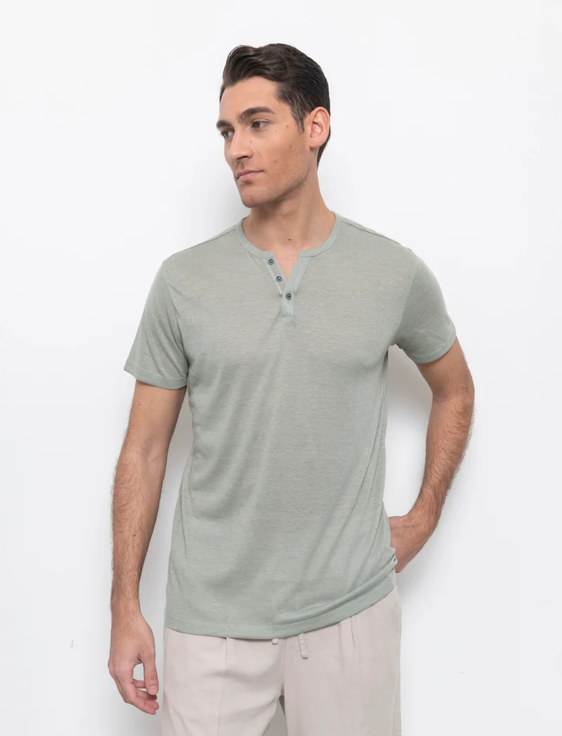 T-shirt serafino struttura misto lino da uomo - Verde