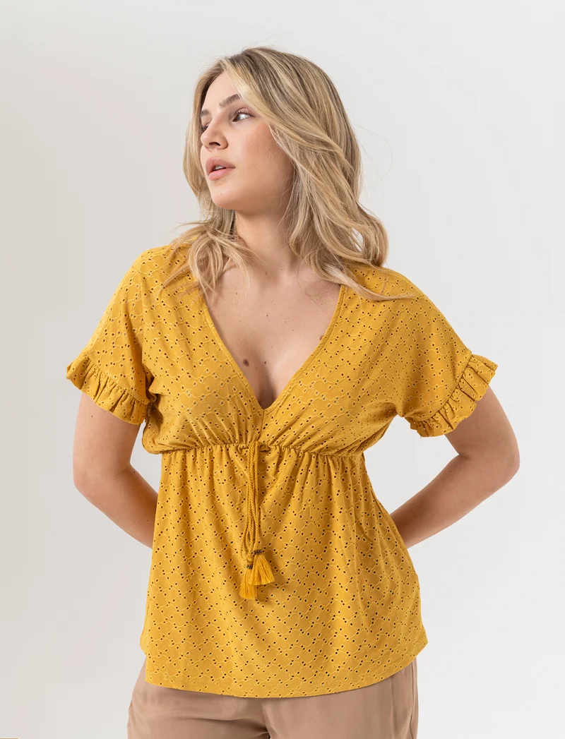 T-shirt in pizzo con elastico in vita da donna - Senape