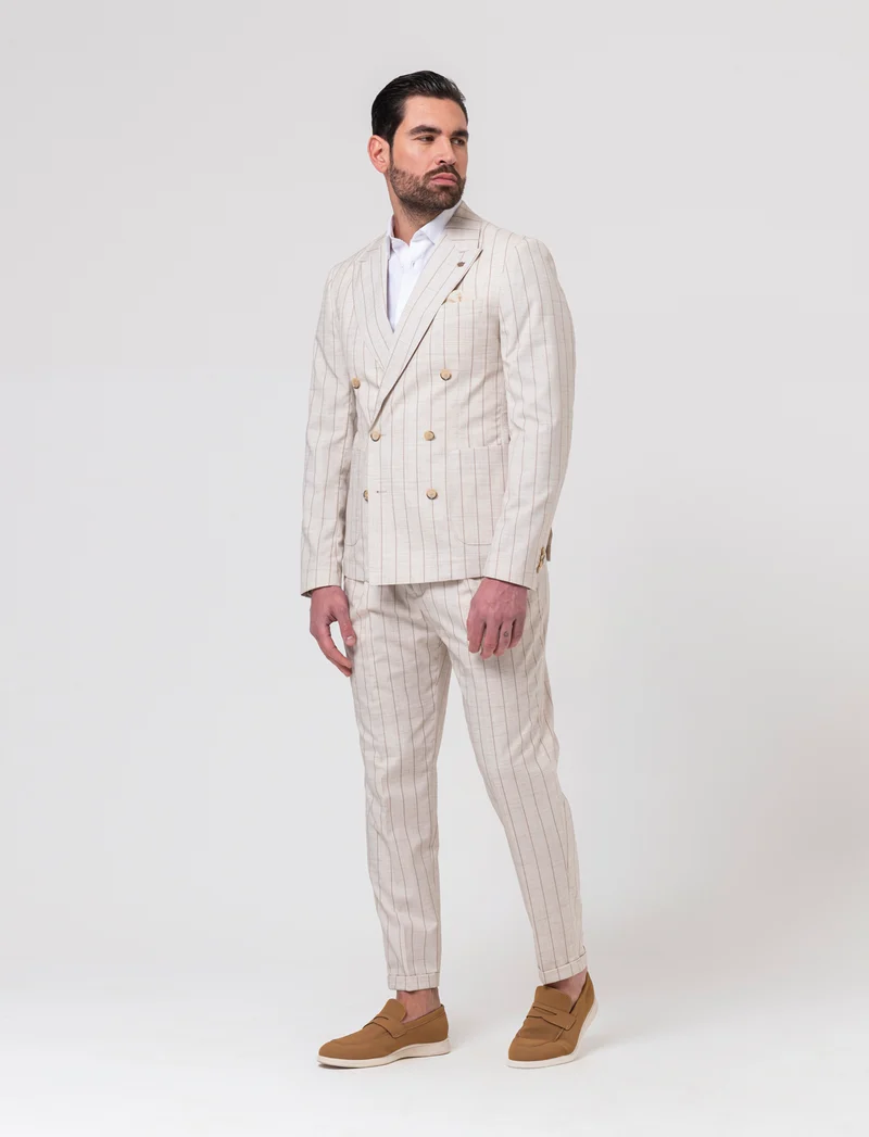 Blazer gessato doppio petto da completo da uomo - Beige ecru