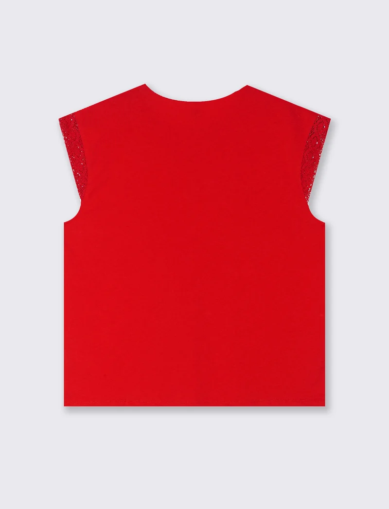 T-shirt con inserto in pizzo da donna - Rosso scarlatto