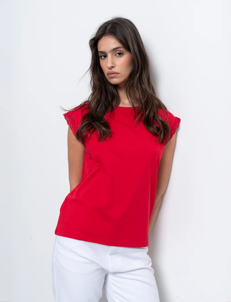 T-shirt con inserto in pizzo da donna - Rosso scarlatto