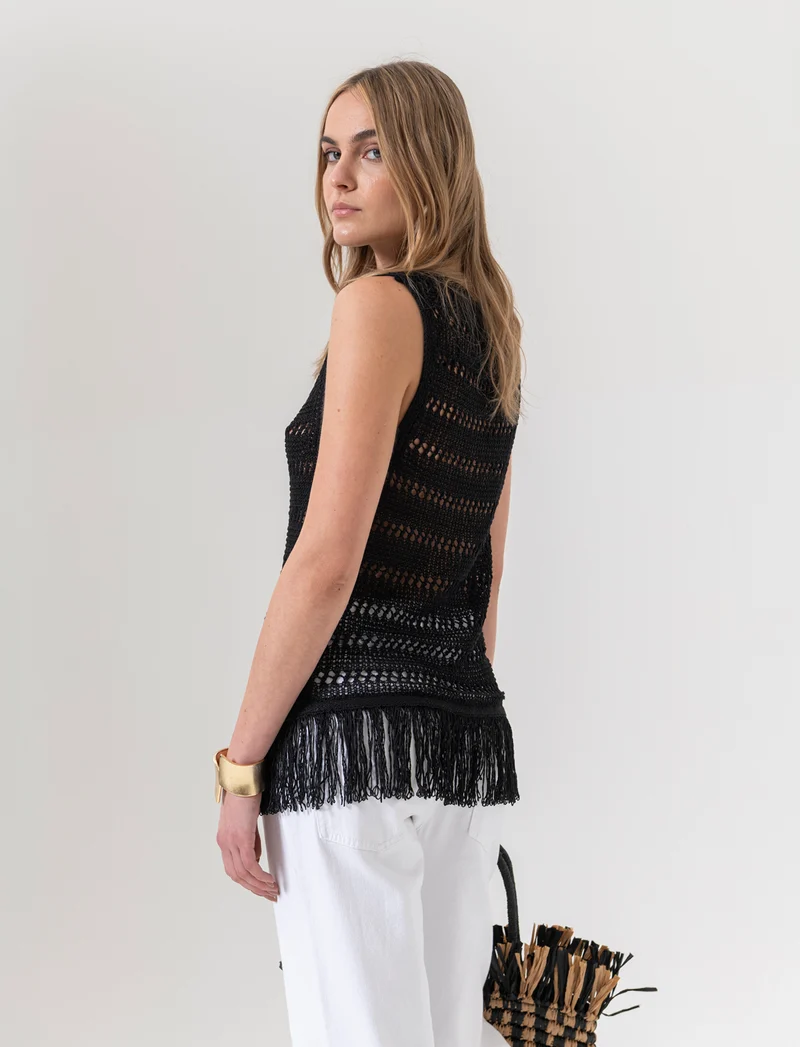 Top crochet con frange da donna - Nero