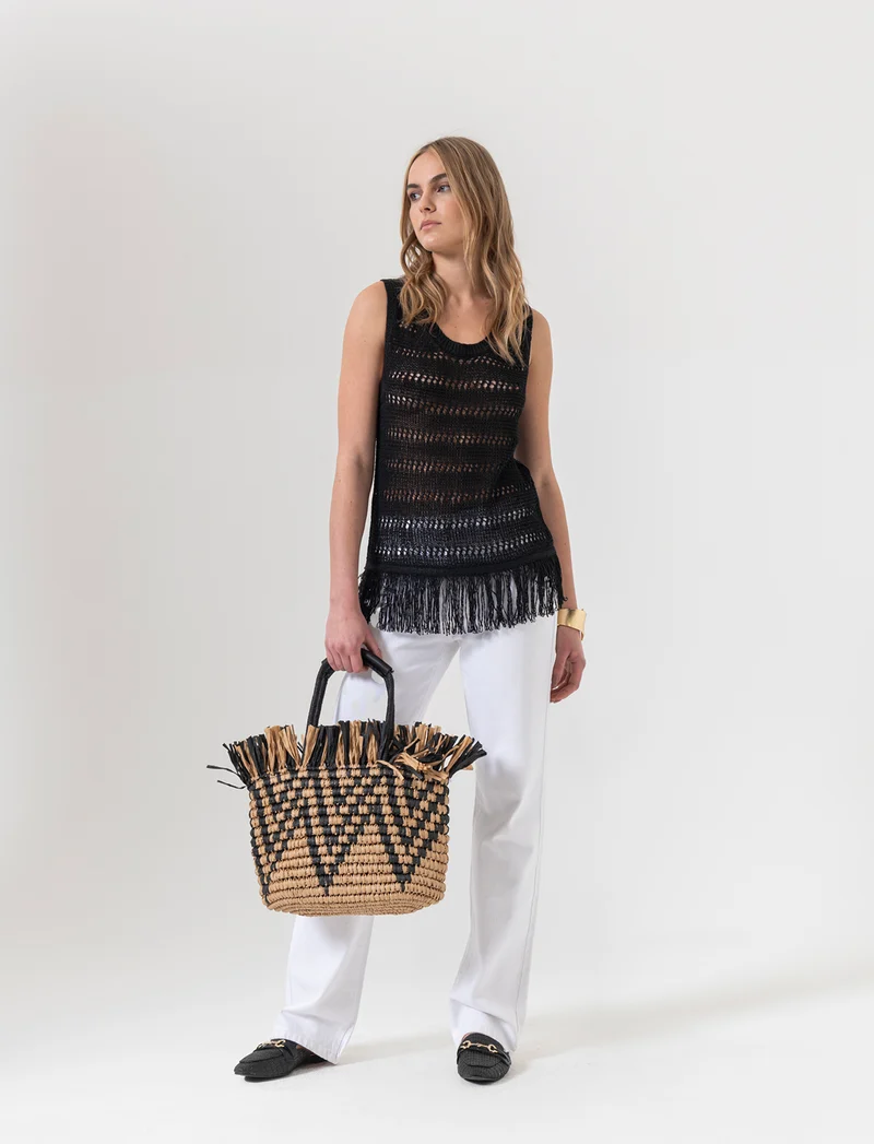 Top crochet con frange da donna - Nero