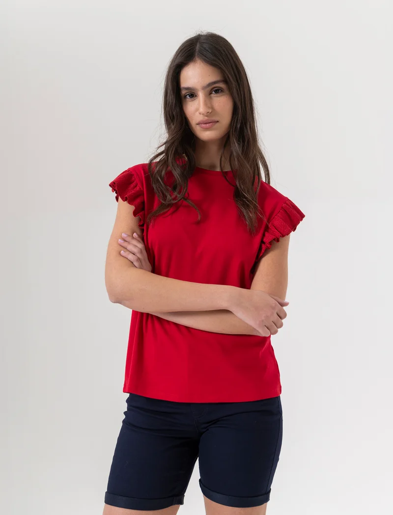 T-shirt con rouches da donna - Rosso scarlatto