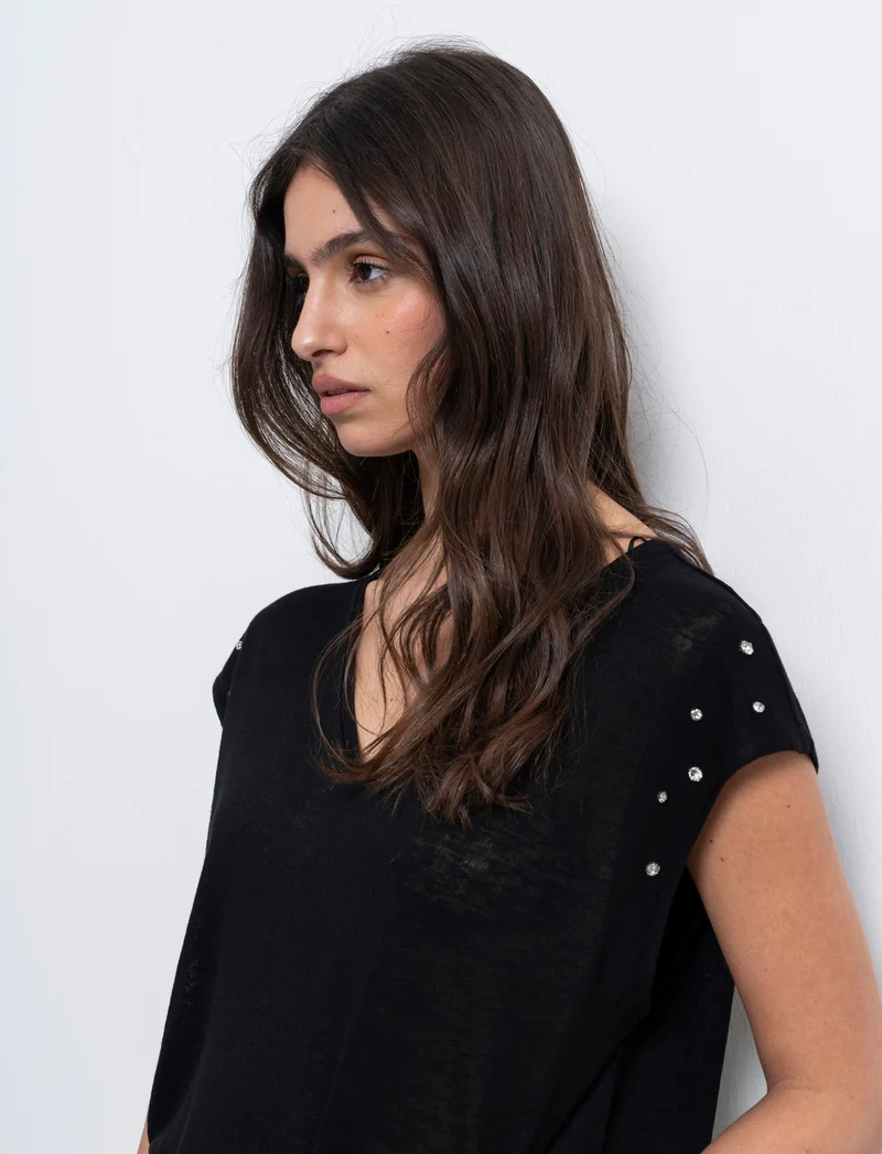 T-shirt con applicazioni da donna - Nero