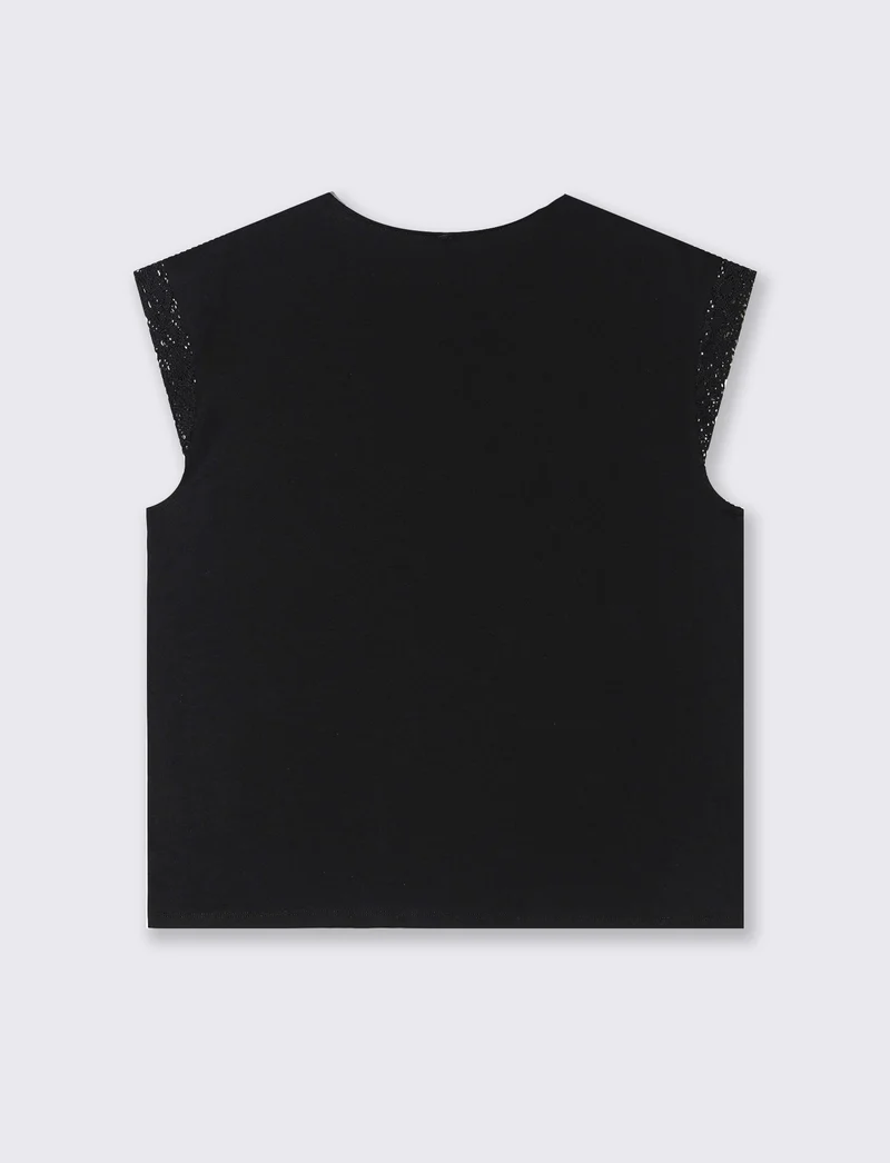 T-shirt con inserto in pizzo da donna - Nero