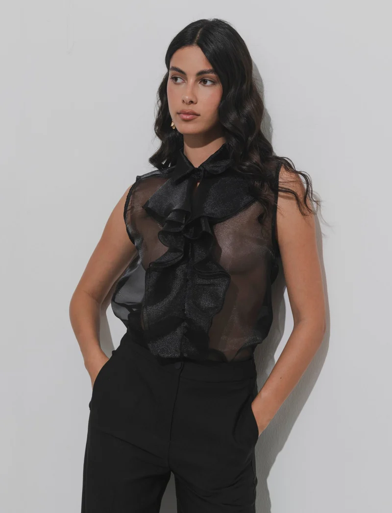 Casacca in organza con rouches - Nero