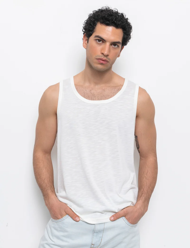 Canotta cropped in tessuto slub da uomo - Beige ecru
