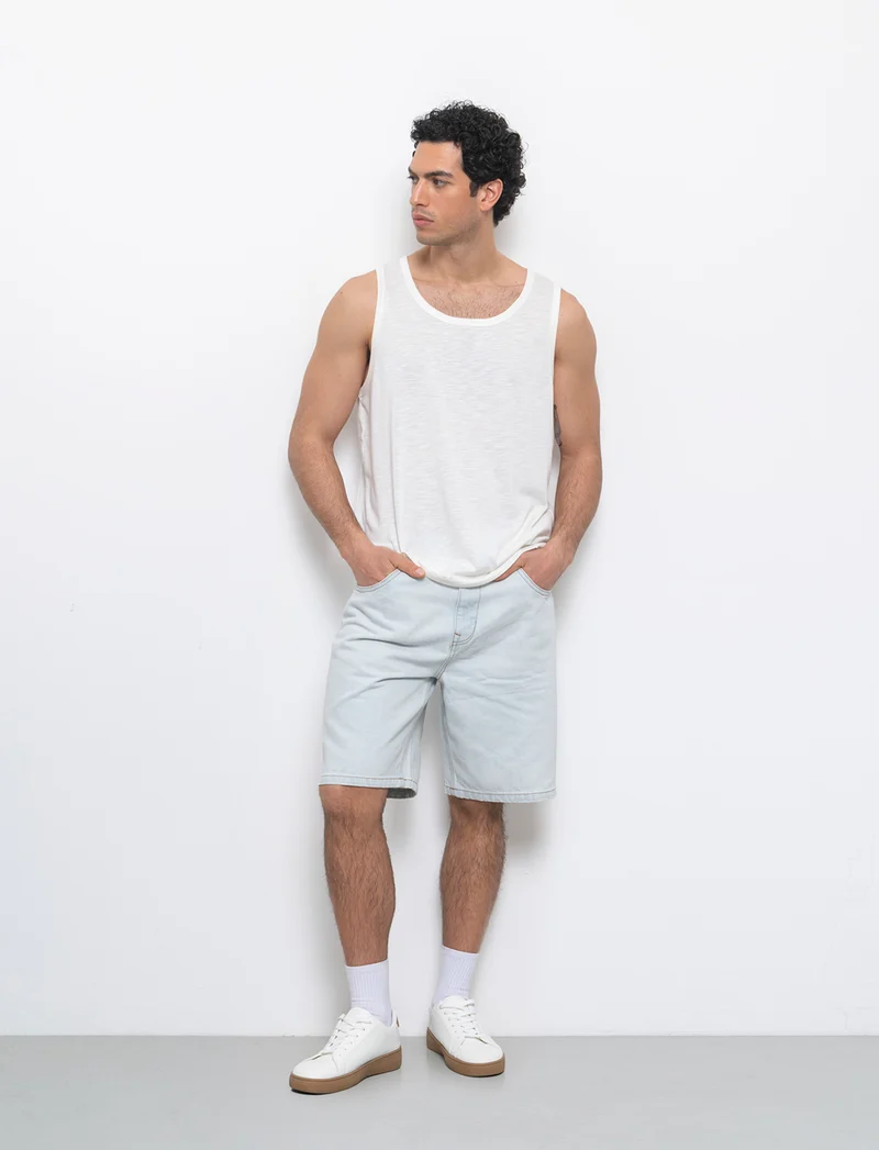 Canotta cropped in tessuto slub da uomo - Beige ecru