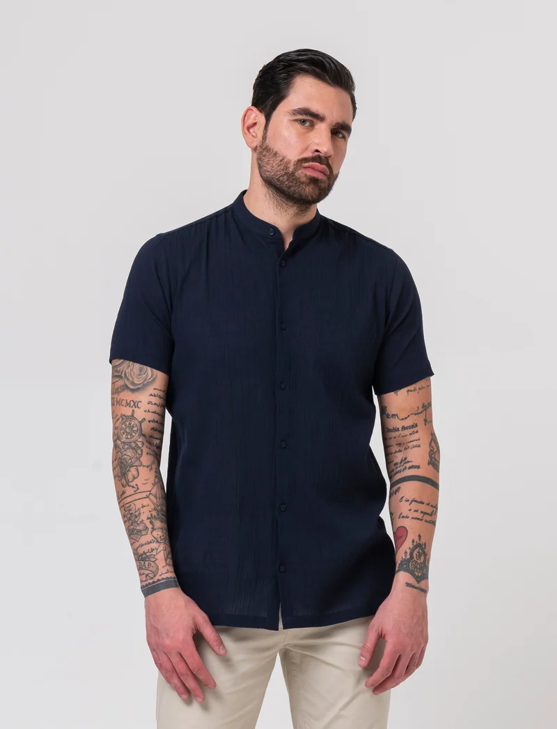 Camicia alla coreana da uomo effetto crepe - Blu