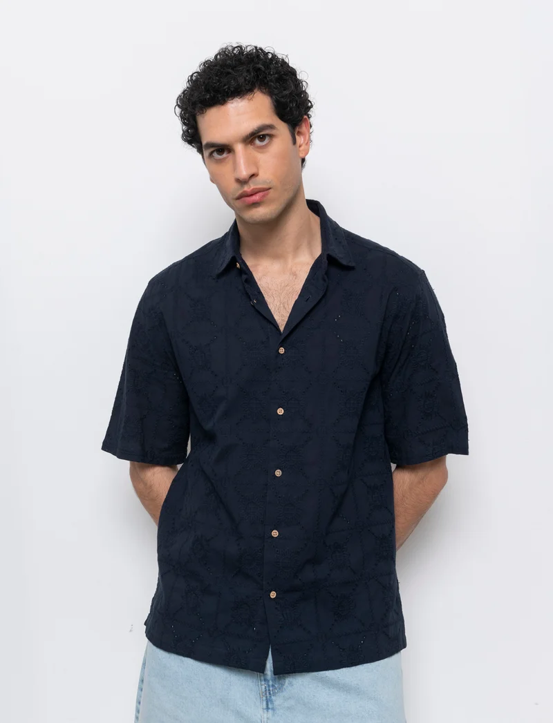 Camicia fantasia ricamata da uomo - Blu