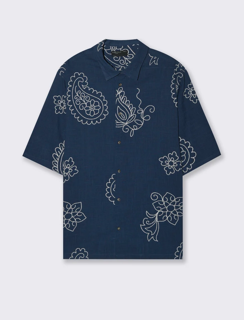 Camicia a fantasia in misto cotone slub da uomo - Blu