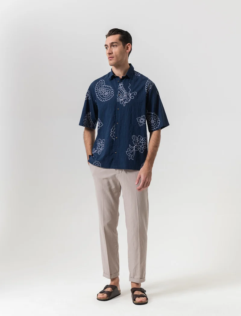 Camicia a fantasia in misto cotone slub da uomo - Blu