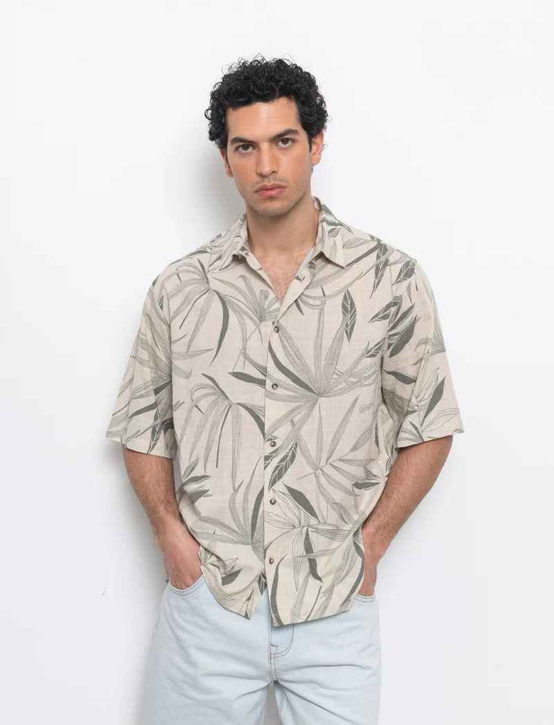 Camicia a fantasia in misto cotone slub da uomo - Beige