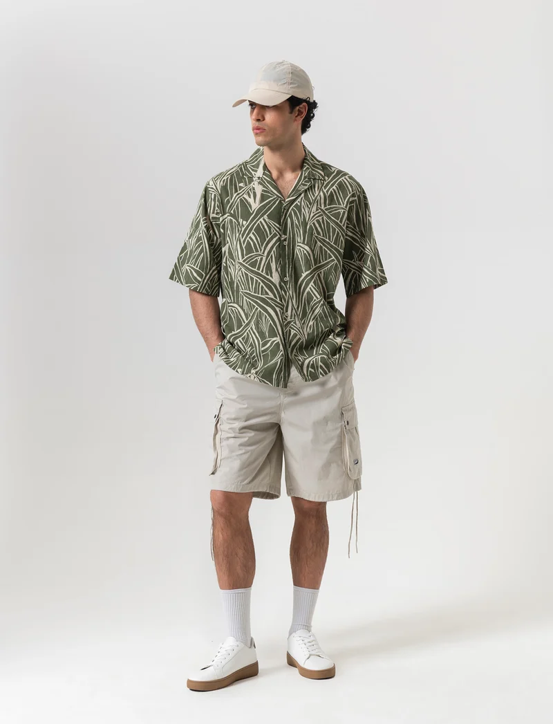 Camicia a fantasia in misto cotone slub da uomo - Verde