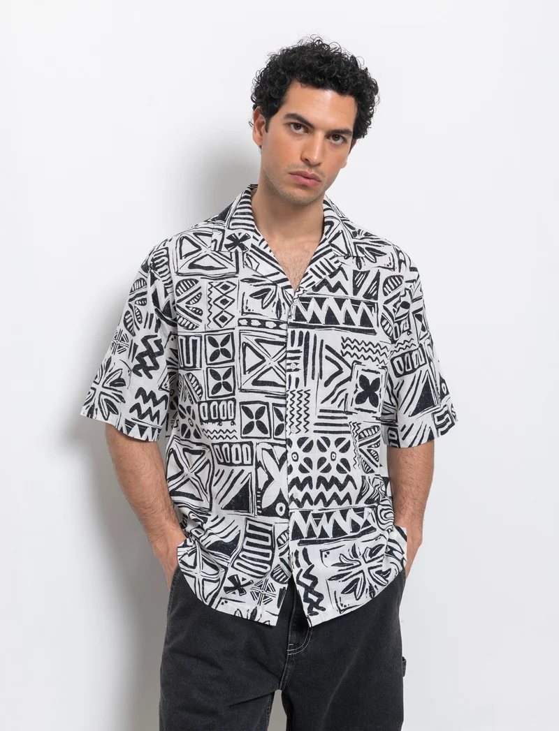 Camicia a fantasia in misto cotone slub da uomo - Bianco