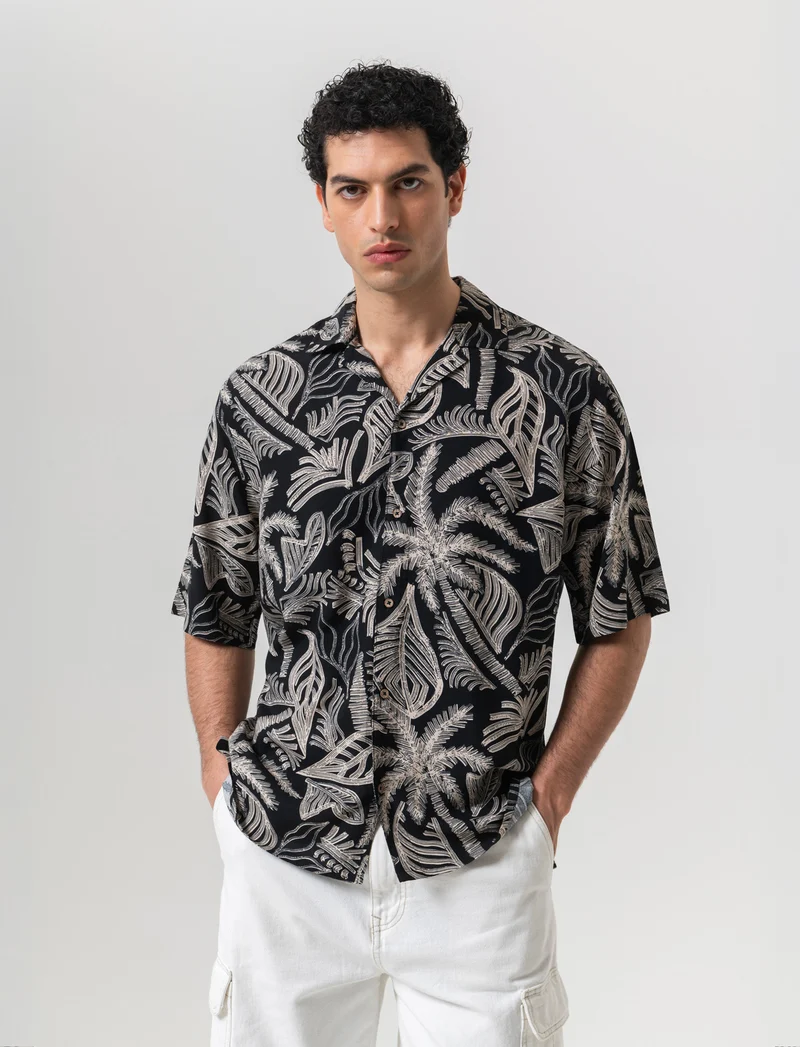 Camicia a fantasia in viscosa da uomo - Nero