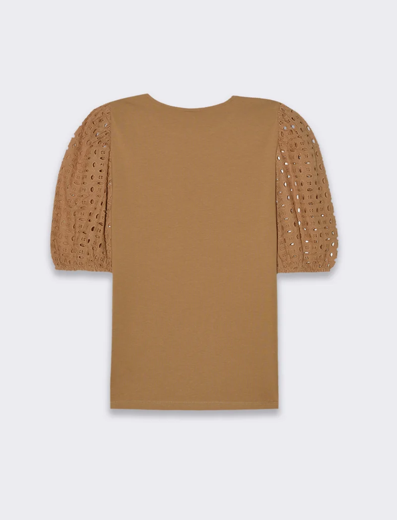 T-shirt con maniche in pizzo da donna - Caramello