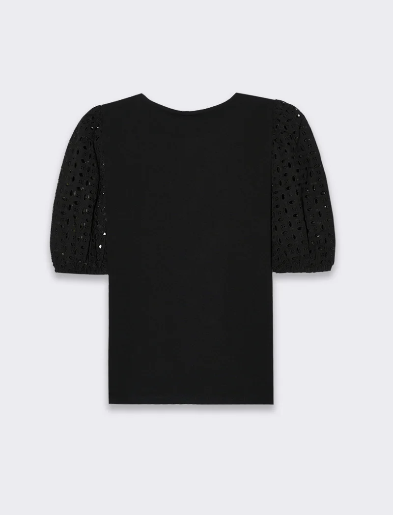 T-shirt con maniche in pizzo da donna - Nero