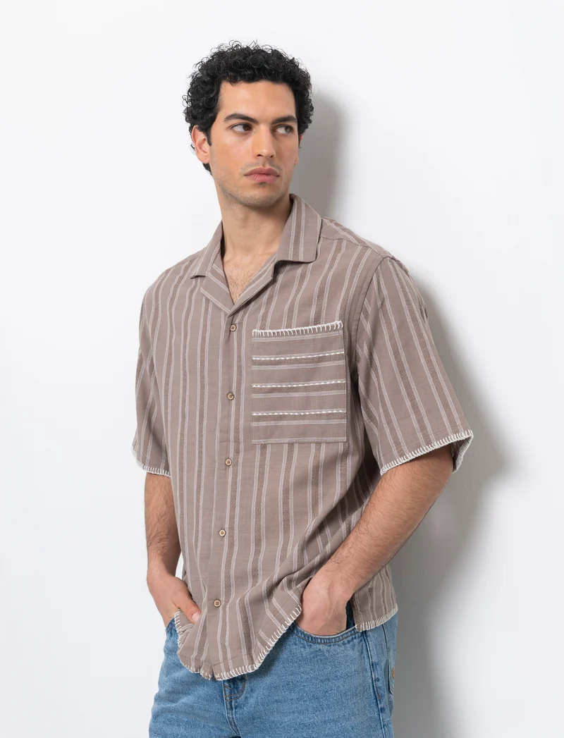 Camicia a righe effetto lino da uomo - Grigio tortora