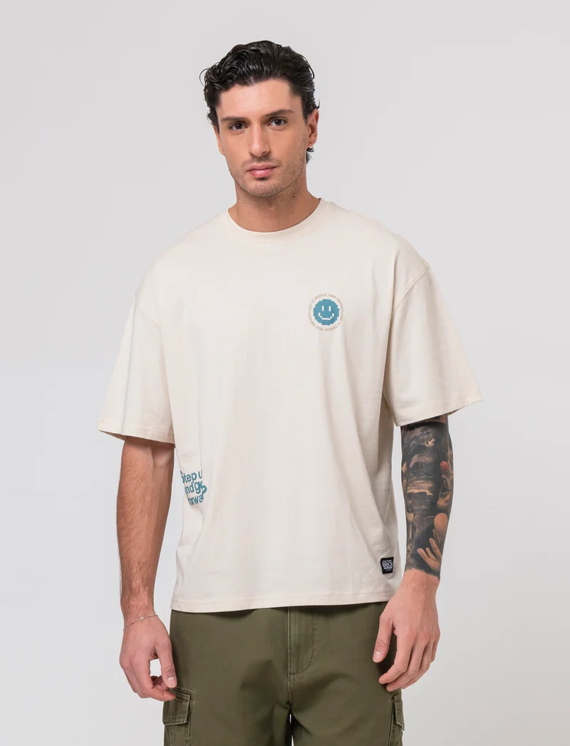 T-shirt boxy fit in cotone con stampe da uomo - Beige ecru