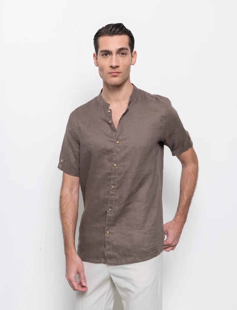 Camicia coreana manica corta 100% lino da uomo - Grigio fango