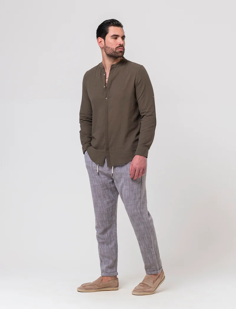 Camicia coreana effetto crepe da uomo - Verde kaki