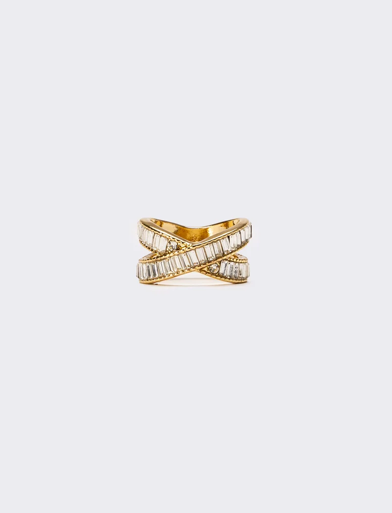 Anello donna ad incrocio con strass a baguette - Oro