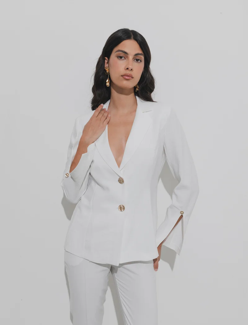 Pantalone regular con bottone gioiello - Bianco panna