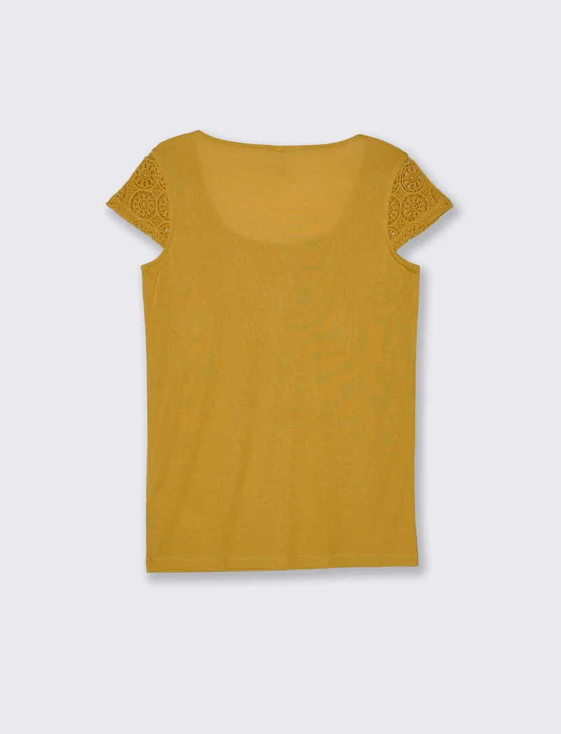 T-shirt con manica in pizzo da donna - Senape