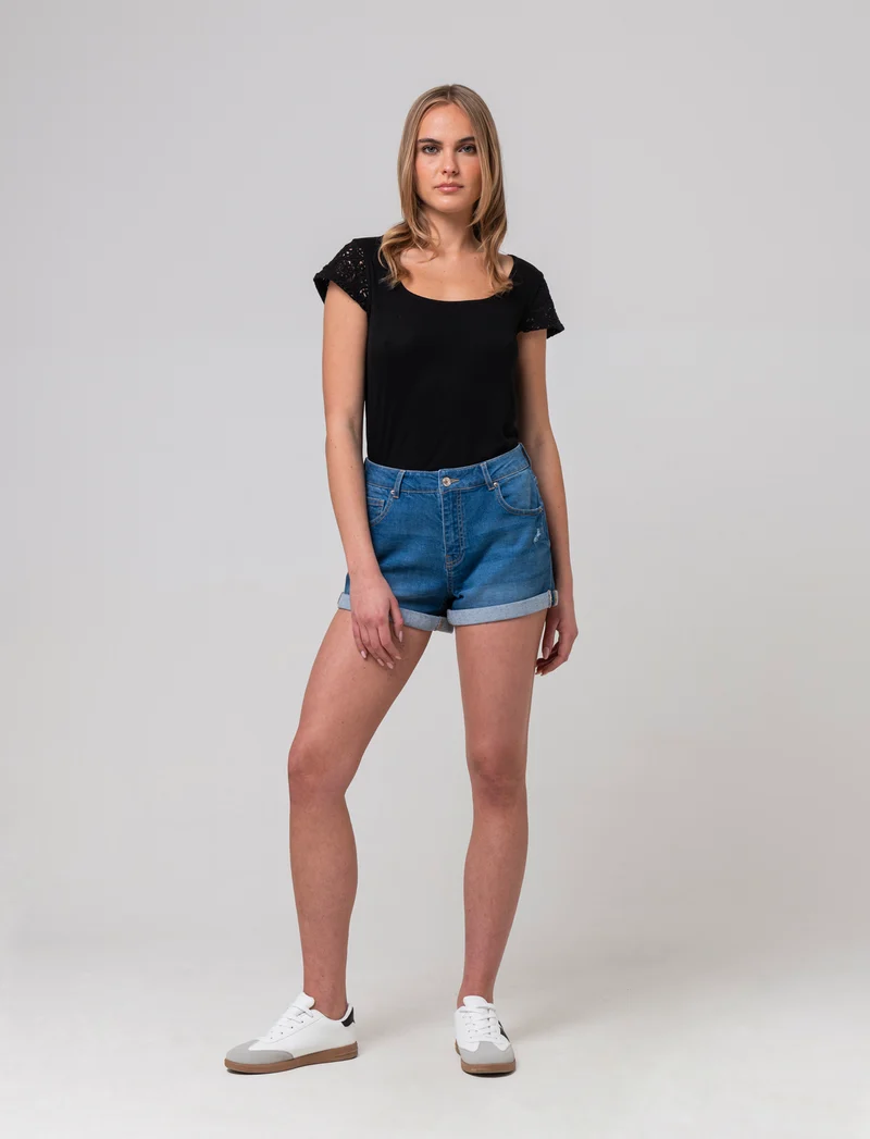 T-shirt con manica in pizzo da donna - Nero