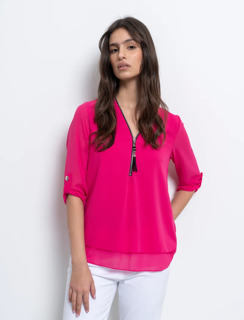 Casacca manica 3/4 con bottone e zip sul davanti. - Fuxia