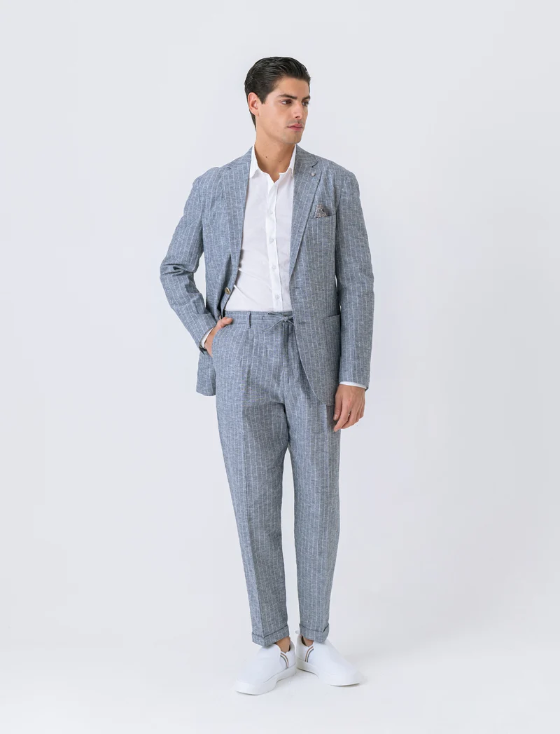 Pantaloni da completo tessuto linen blend da uomo - Blu