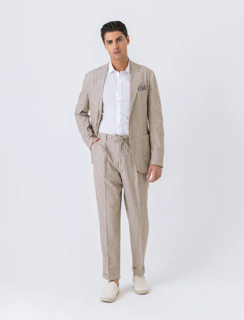 Pantaloni da completo tessuto linen blend da uomo - Beige