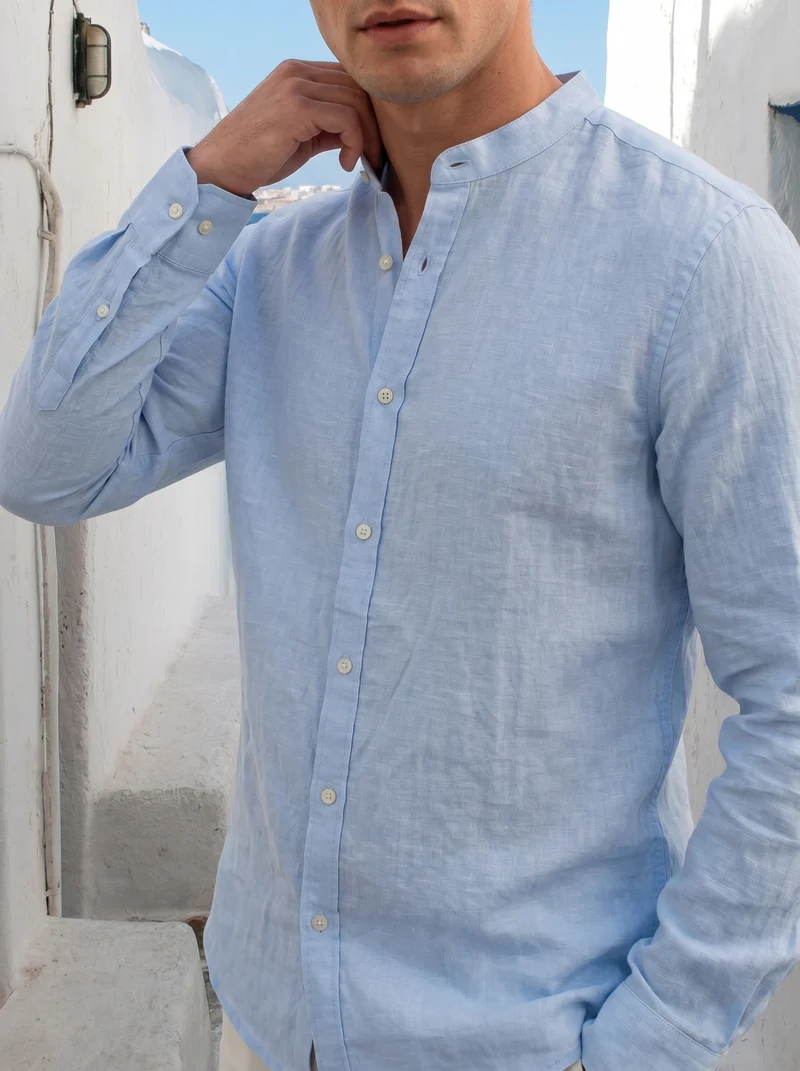 Camicia coreana 100% lino da uomo - Celeste polvere